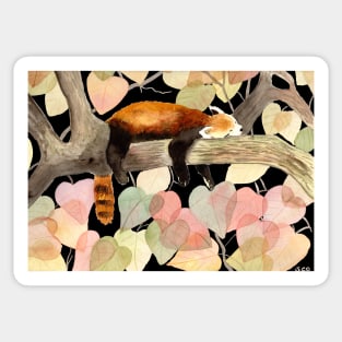 Red Panda with fall foliage at night Watercolor Illustration Sticker